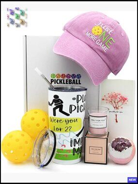 Pickleball Gift Basket Set With Tumbler Hat Balls Candle Bath Bombs Card